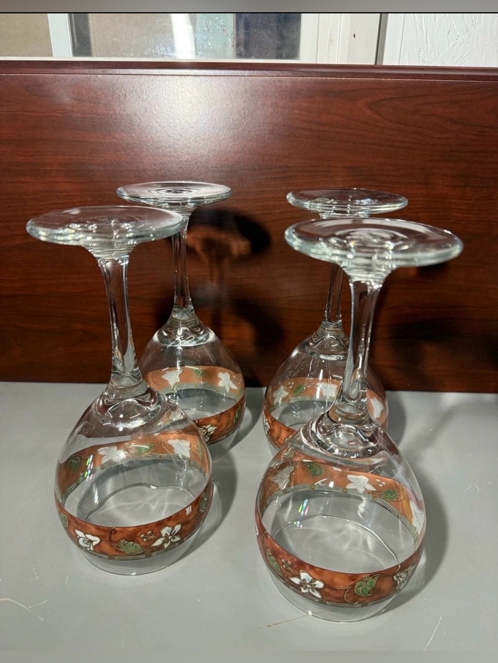 Set of 4 Floral Stemmed Wine Glasses Orange Green White - Picture 9 of 11